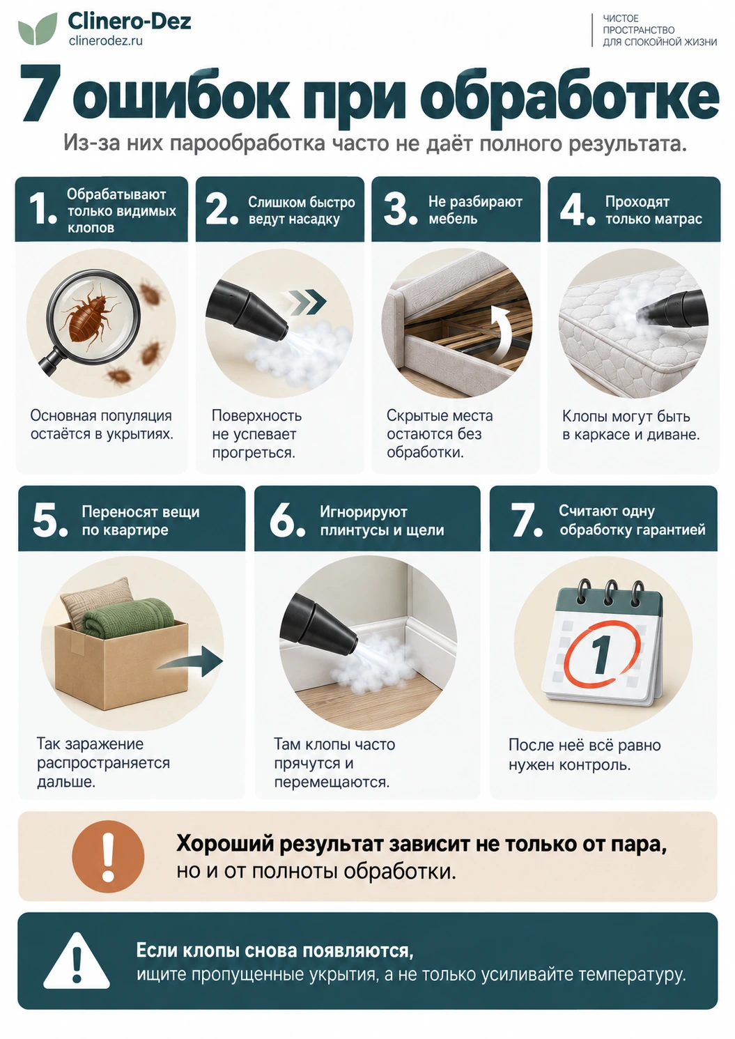 Инфографика о семи ошибках при самостоятельной обработке клопов паром