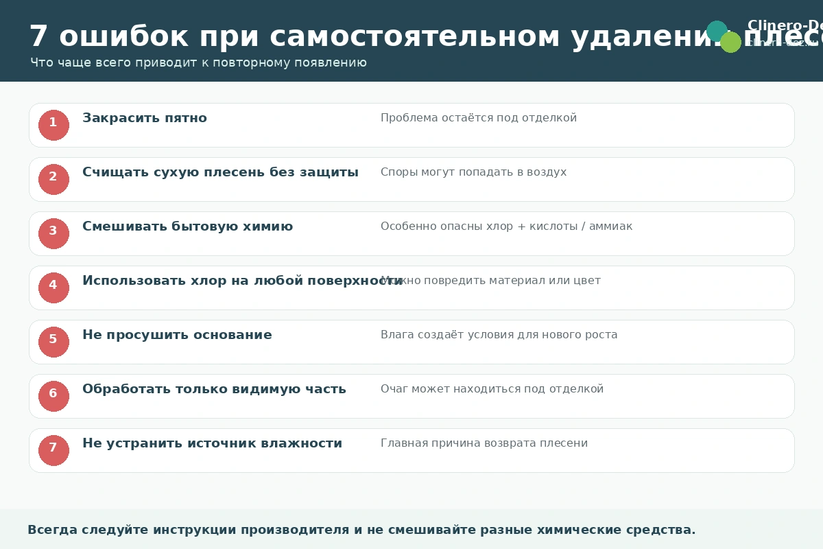 Инфографика о семи ошибках при самостоятельном удалении плесени