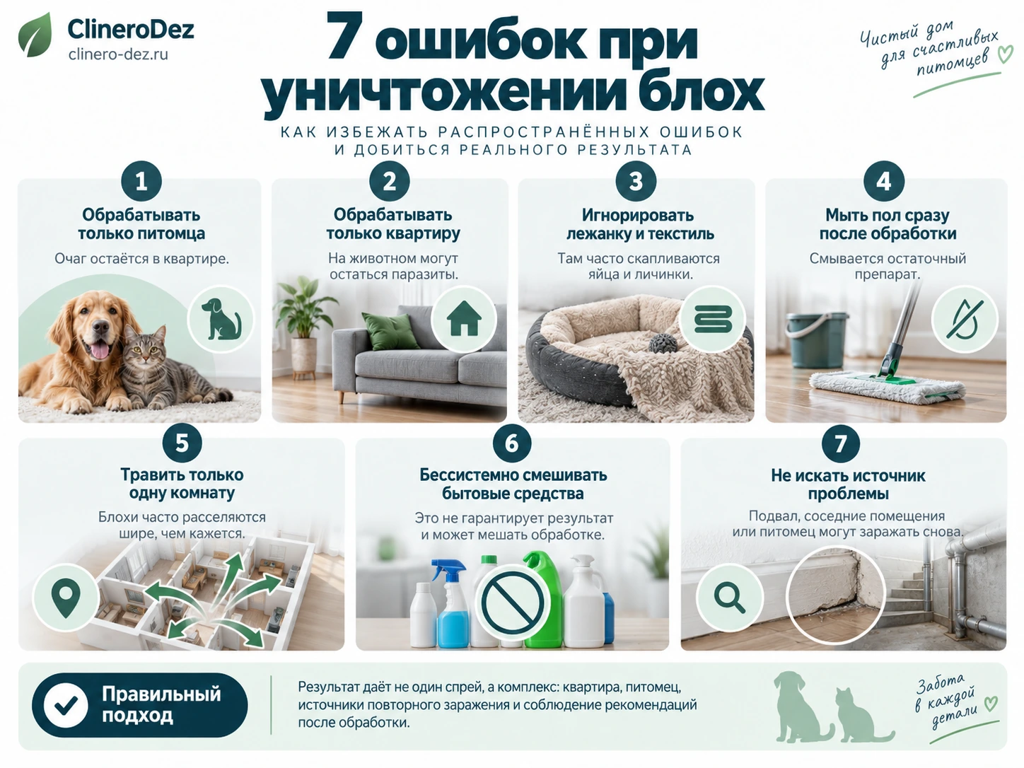 Инфографика о семи ошибках при уничтожении блох