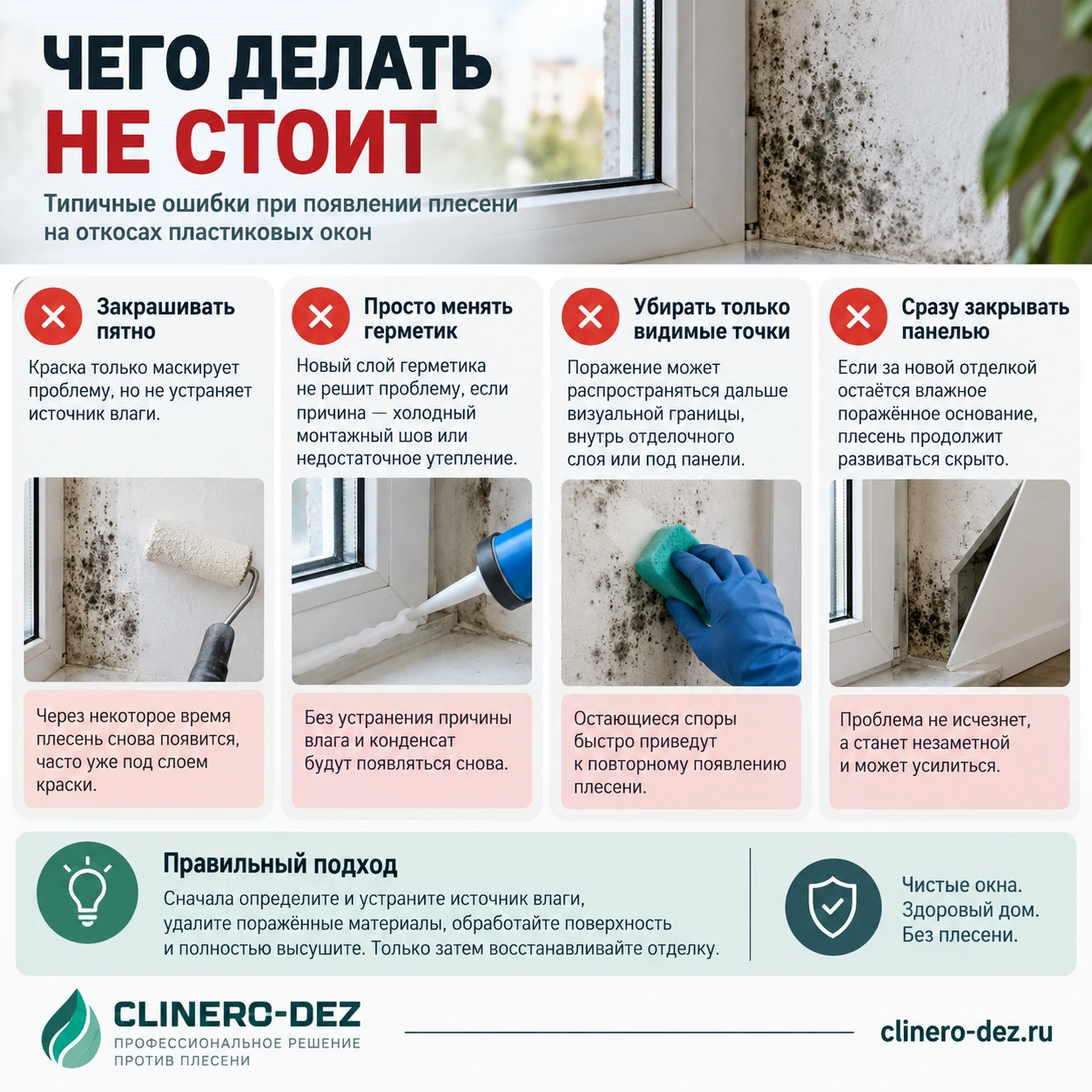 Типичные ошибки при удалении плесени с откосов пластиковых окон