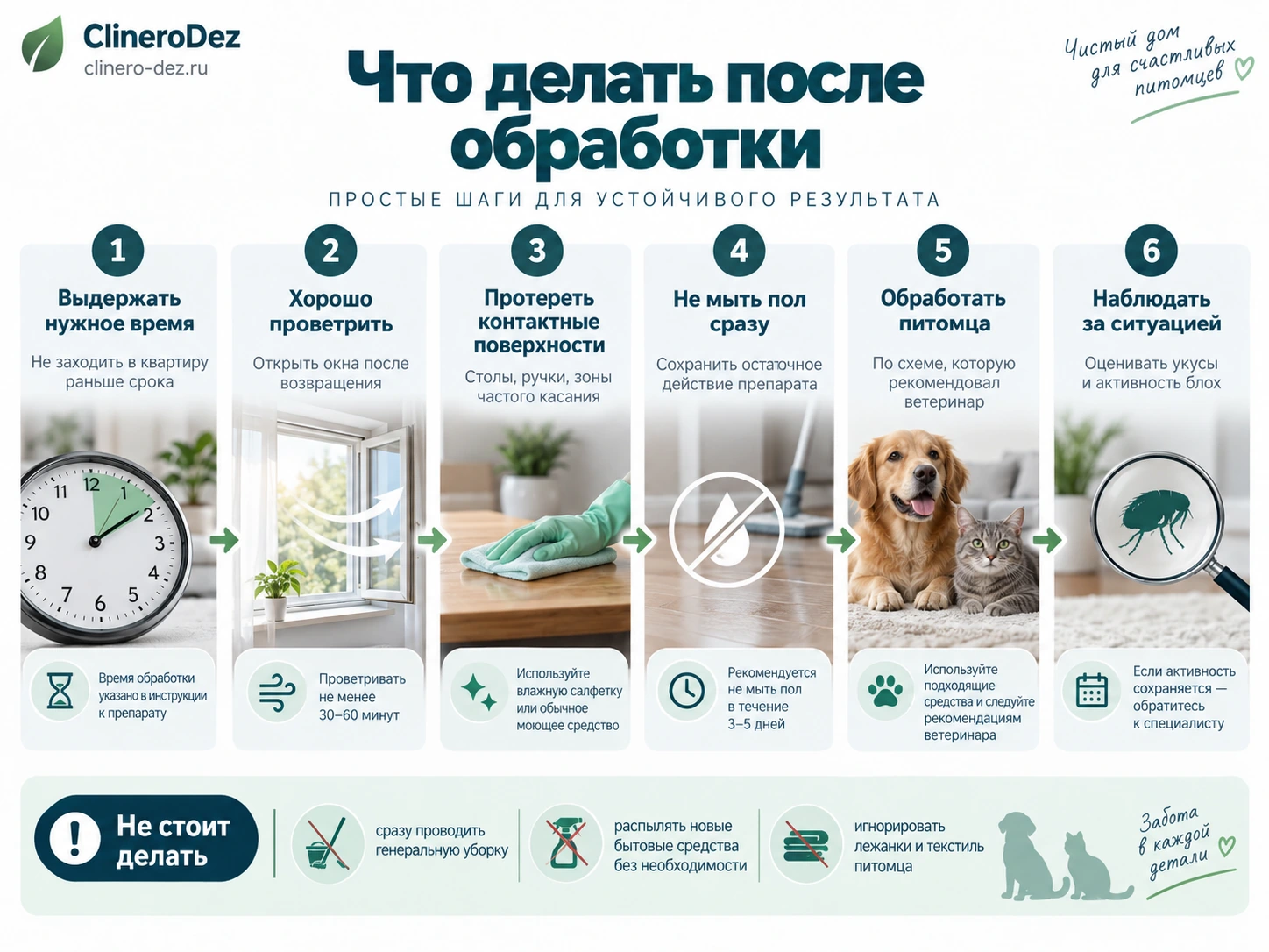 Инфографика о действиях после обработки квартиры от блох