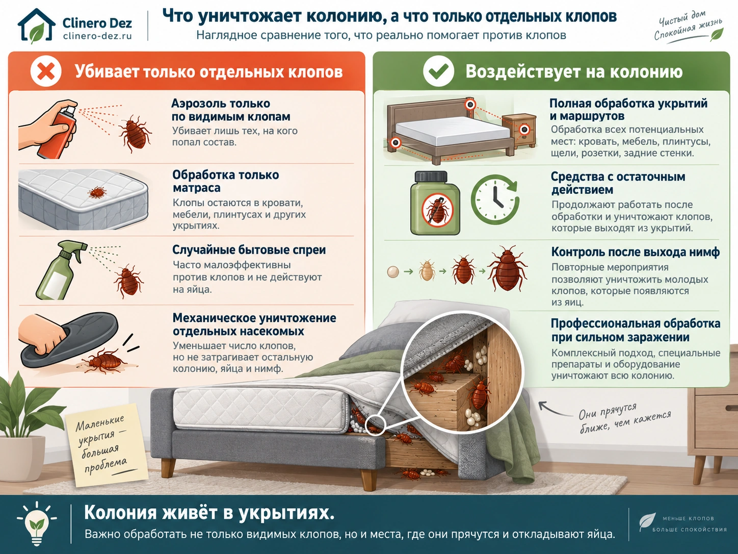 Сравнение методов, воздействующих на колонию и отдельных клопов