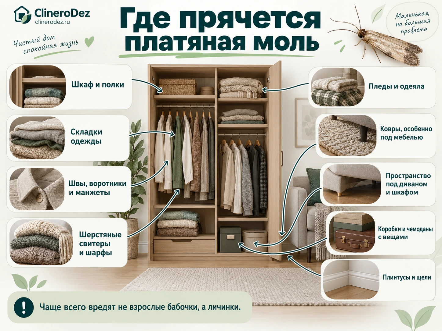 Типичные места, где прячутся яйца и личинки платяной моли