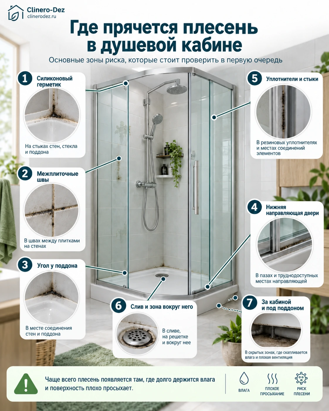 Основные места появления плесени в душевой кабине