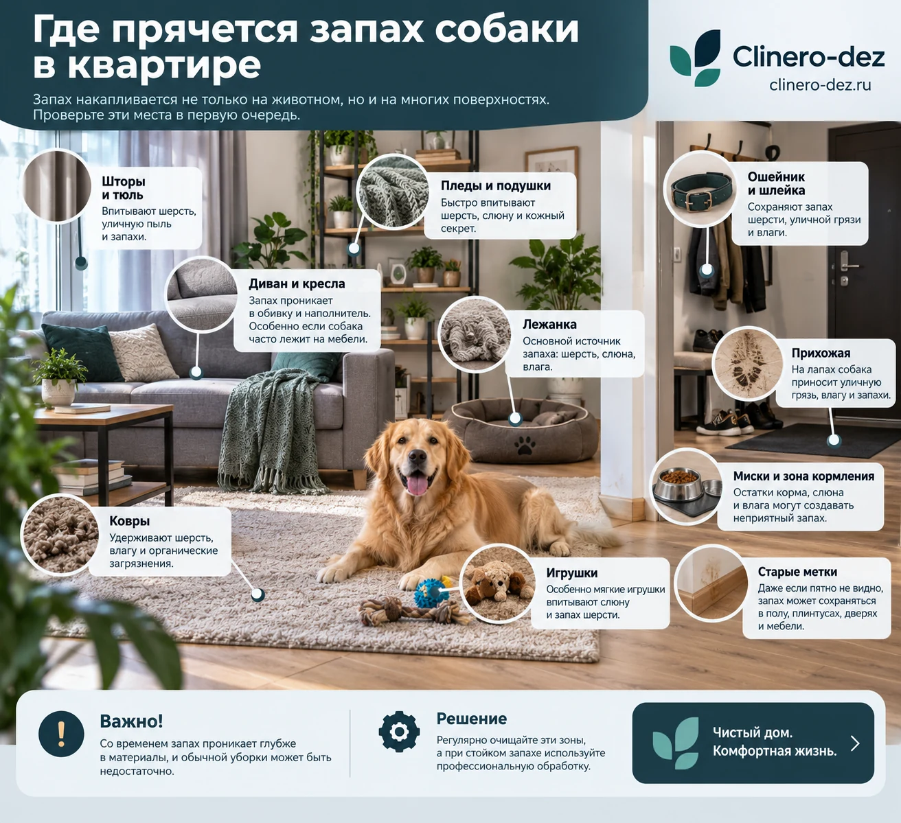 Инфографика о местах, где в квартире накапливается запах собаки