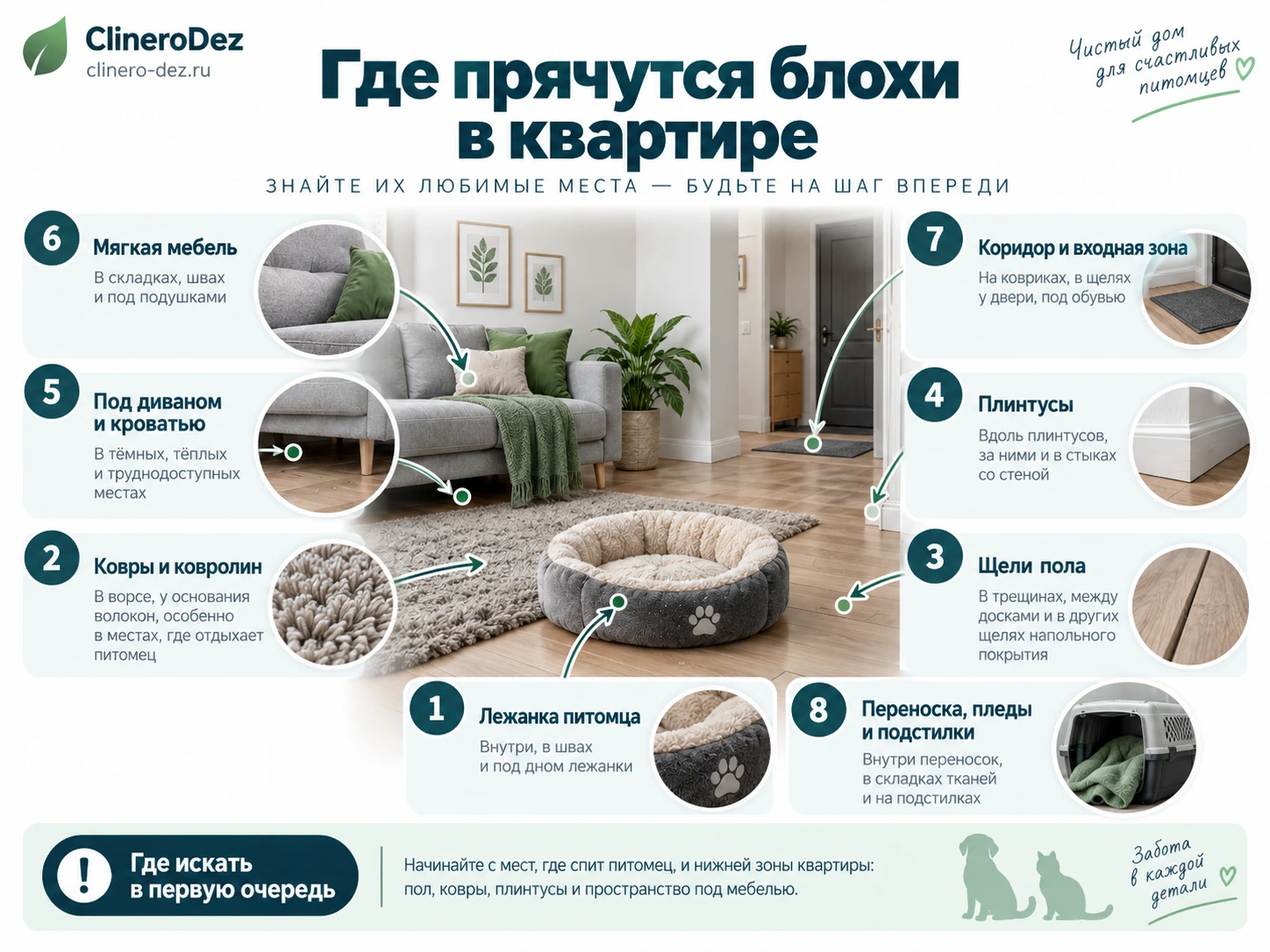 Инфографика о местах обитания блох в квартире