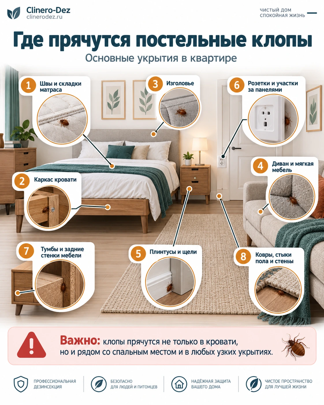 Основные места, где прячутся постельные клопы в квартире