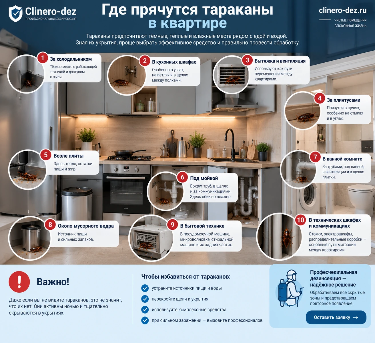 Инфографика о местах, где тараканы прячутся в квартире