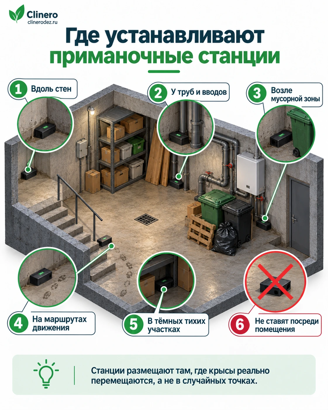 Правильное размещение приманочных станций в подвале