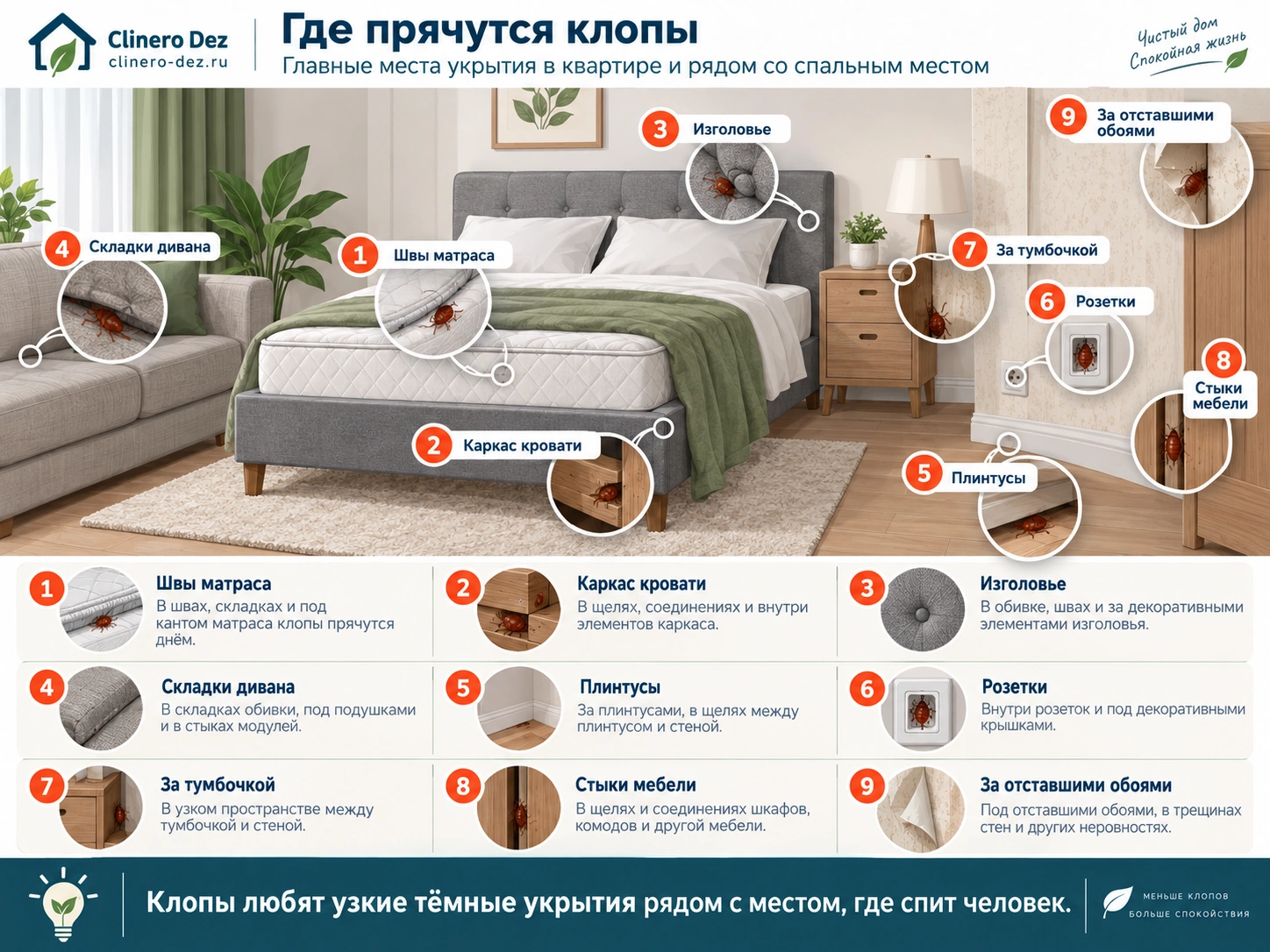 Инфографика о местах, где прячутся постельные клопы