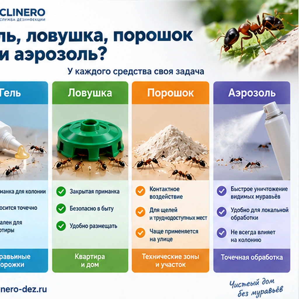 Сравнение геля, ловушки, порошка и аэрозоля от муравьёв