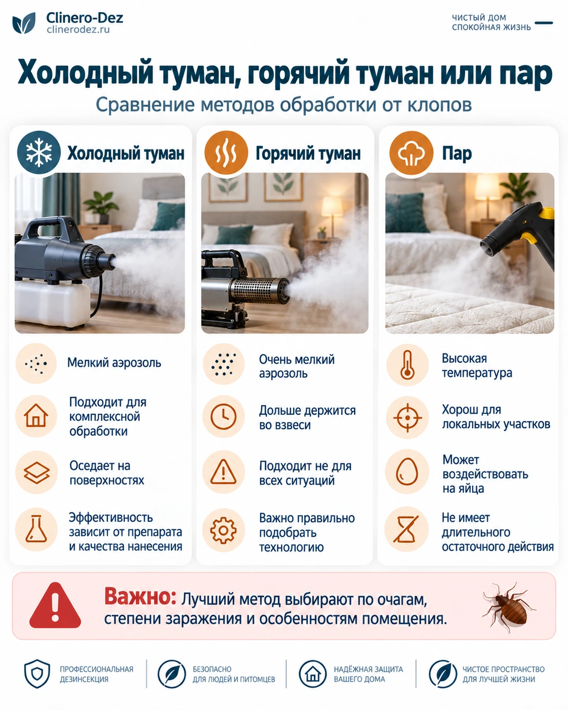 Сравнение холодного тумана, горячего тумана и пара против клопов