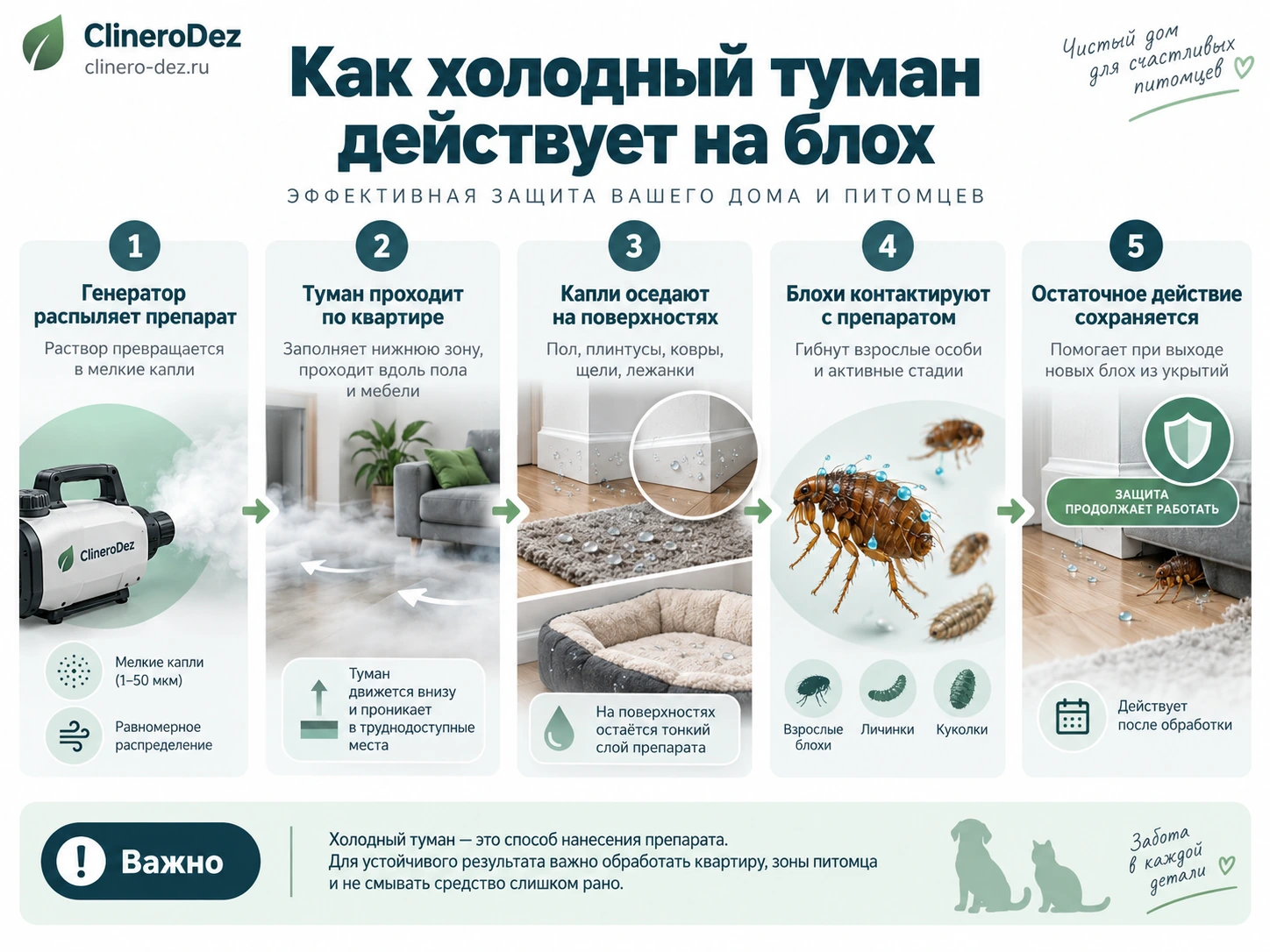 Инфографика о действии холодного тумана на блох