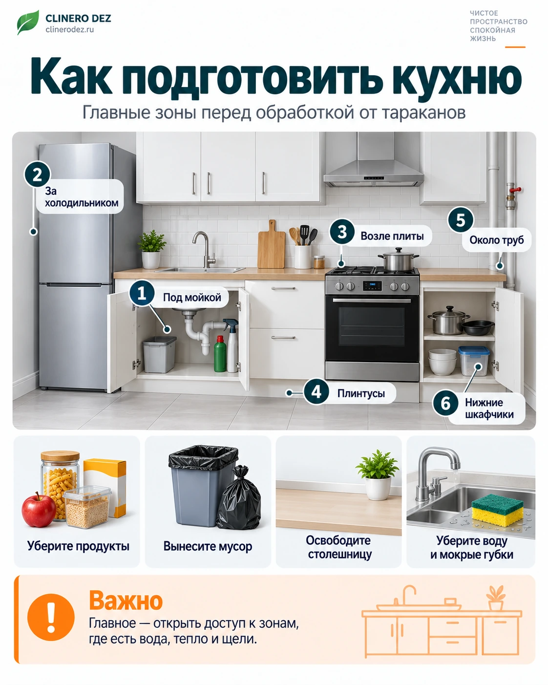 Основные зоны кухни, которые нужно подготовить перед обработкой от тараканов