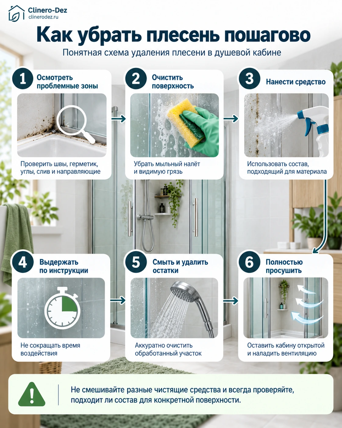 Пошаговая схема удаления плесени в душевой кабине