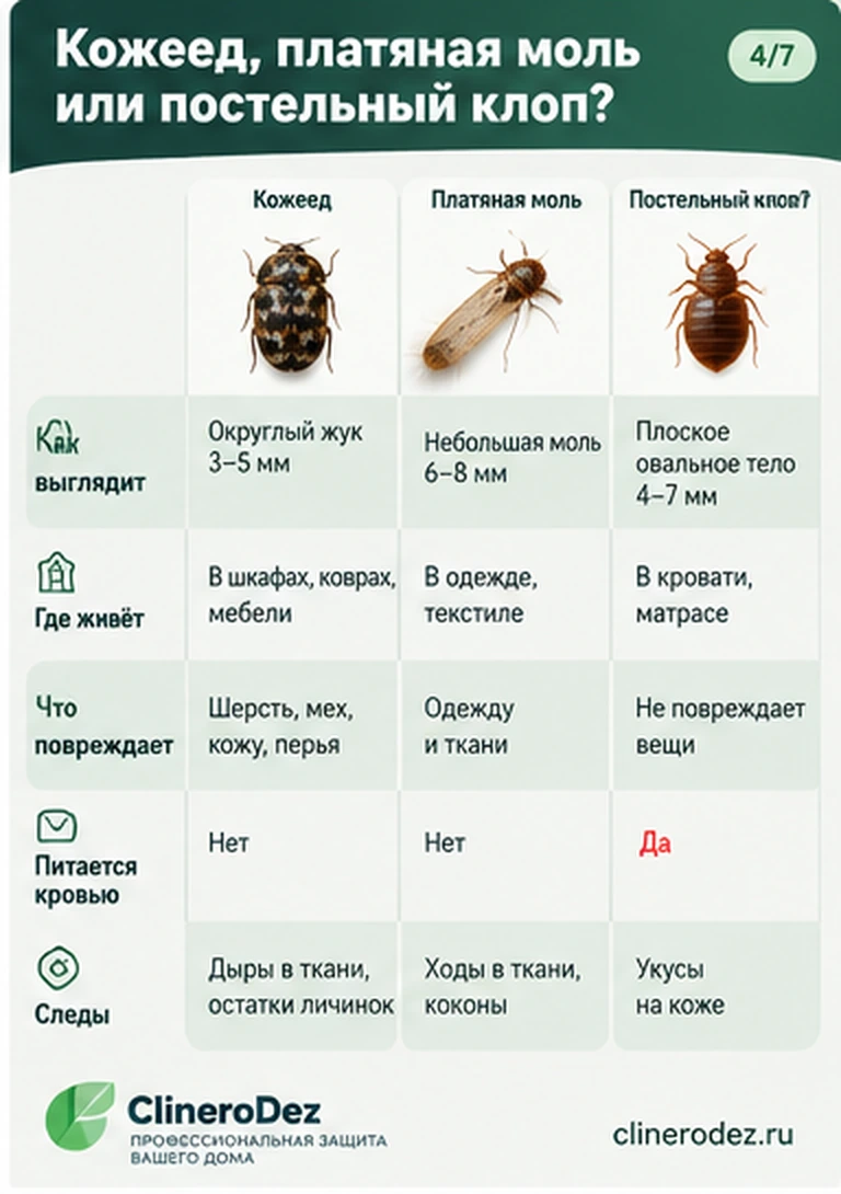 Сравнение кожееда, платяной моли и постельного клопа