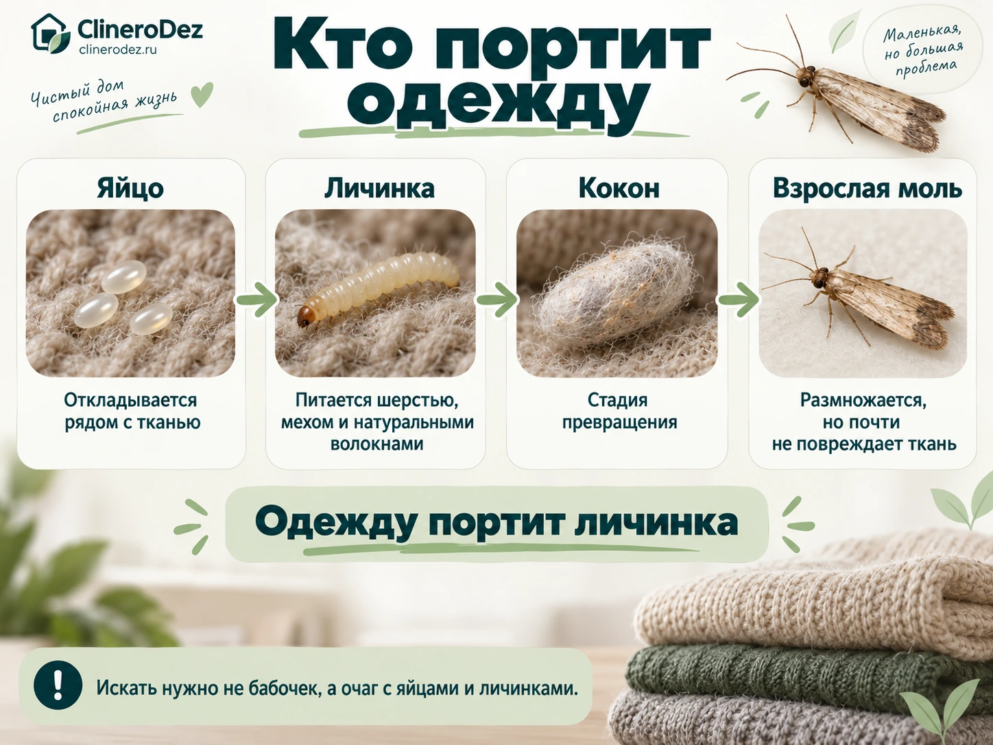 Жизненный цикл платяной моли и стадия, которая повреждает одежду