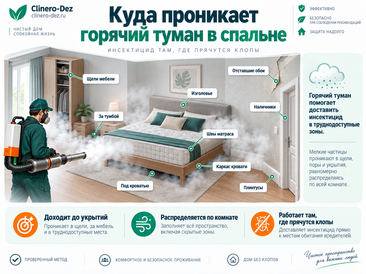 Инфографика о зонах спальни, куда проникает горячий туман