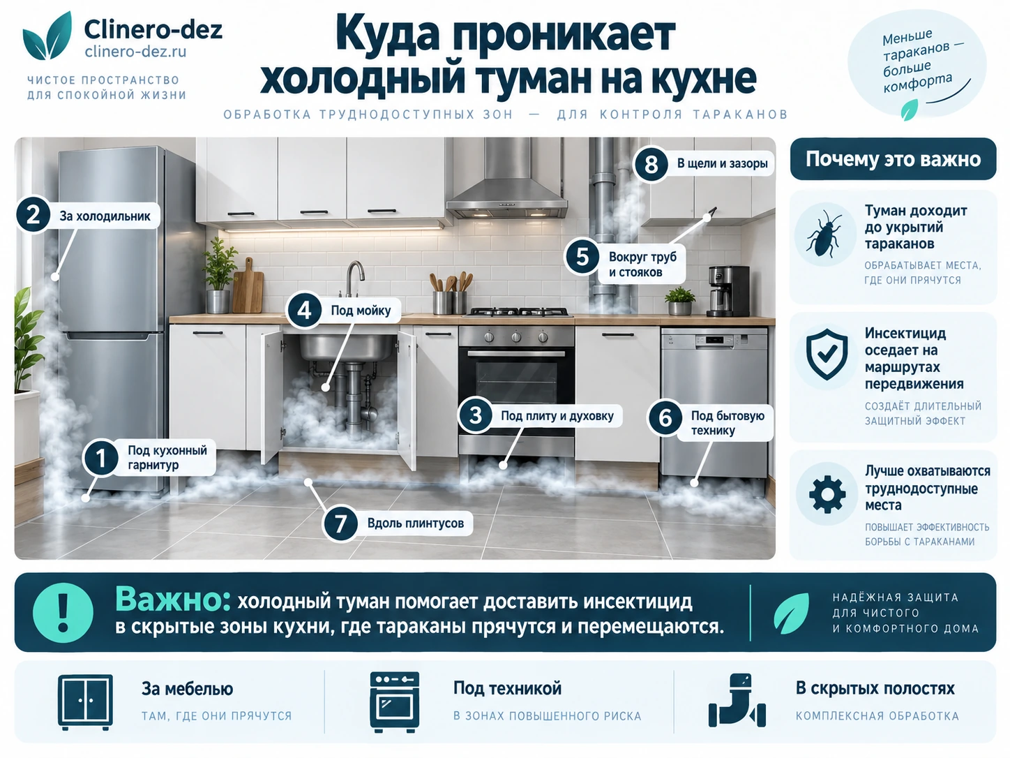 Инфографика о зонах кухни, куда проникает холодный туман