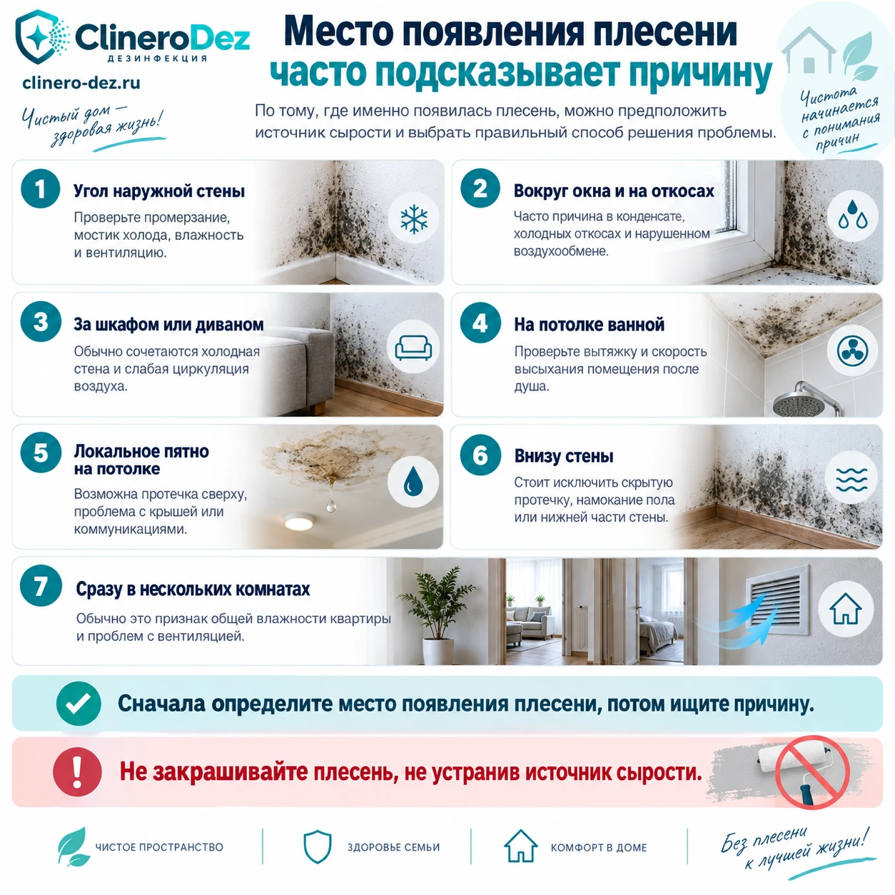 Как место появления плесени помогает определить причину сырости