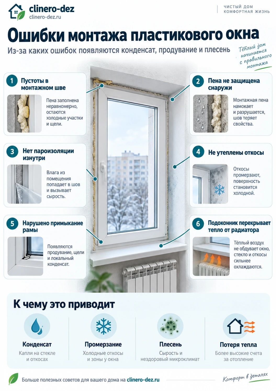 Ошибки монтажа пластикового окна, вызывающие конденсат, промерзание и плесень