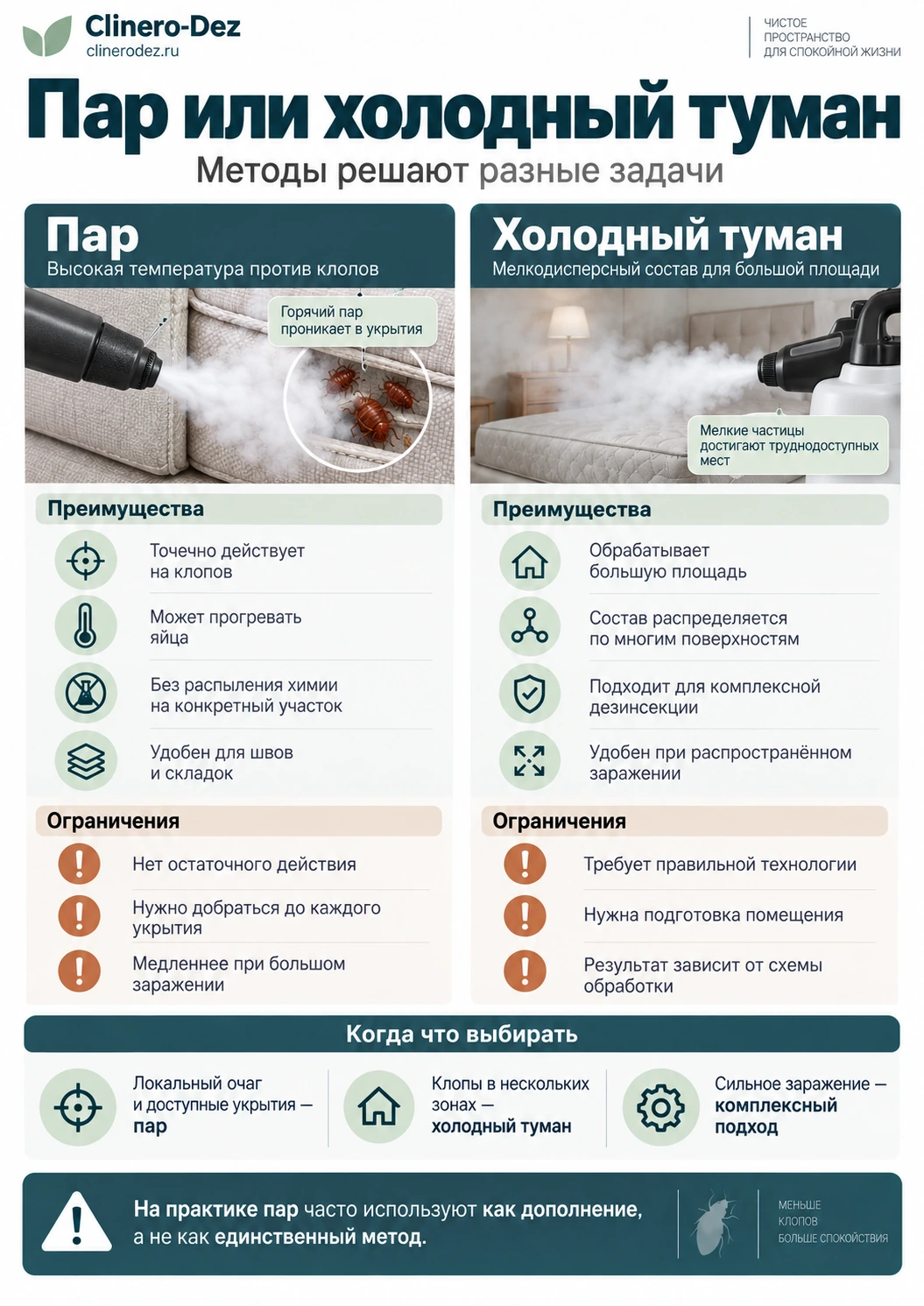 Инфографика со сравнением обработки клопов паром и холодным туманом