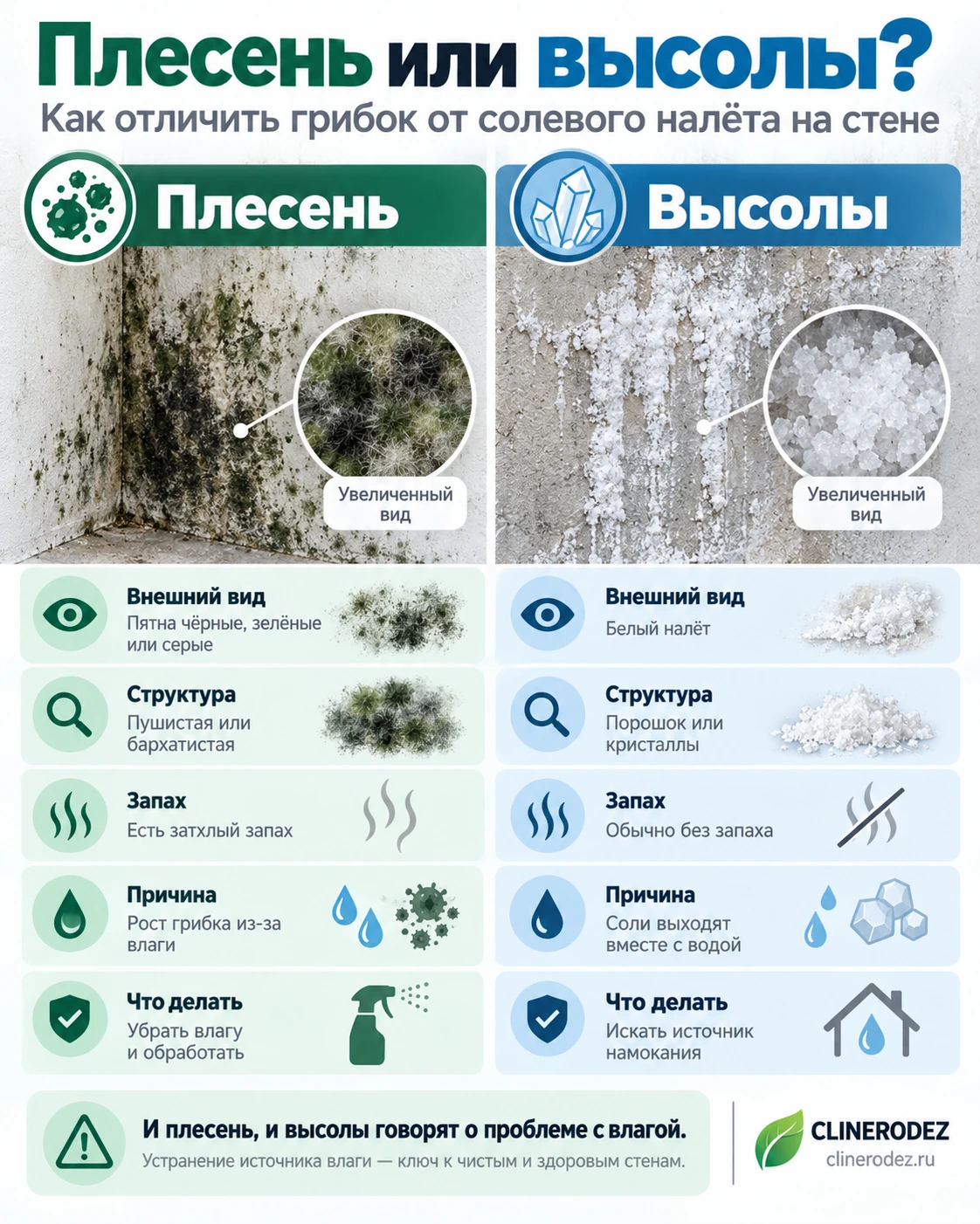 Сравнение плесени и высолов на стене