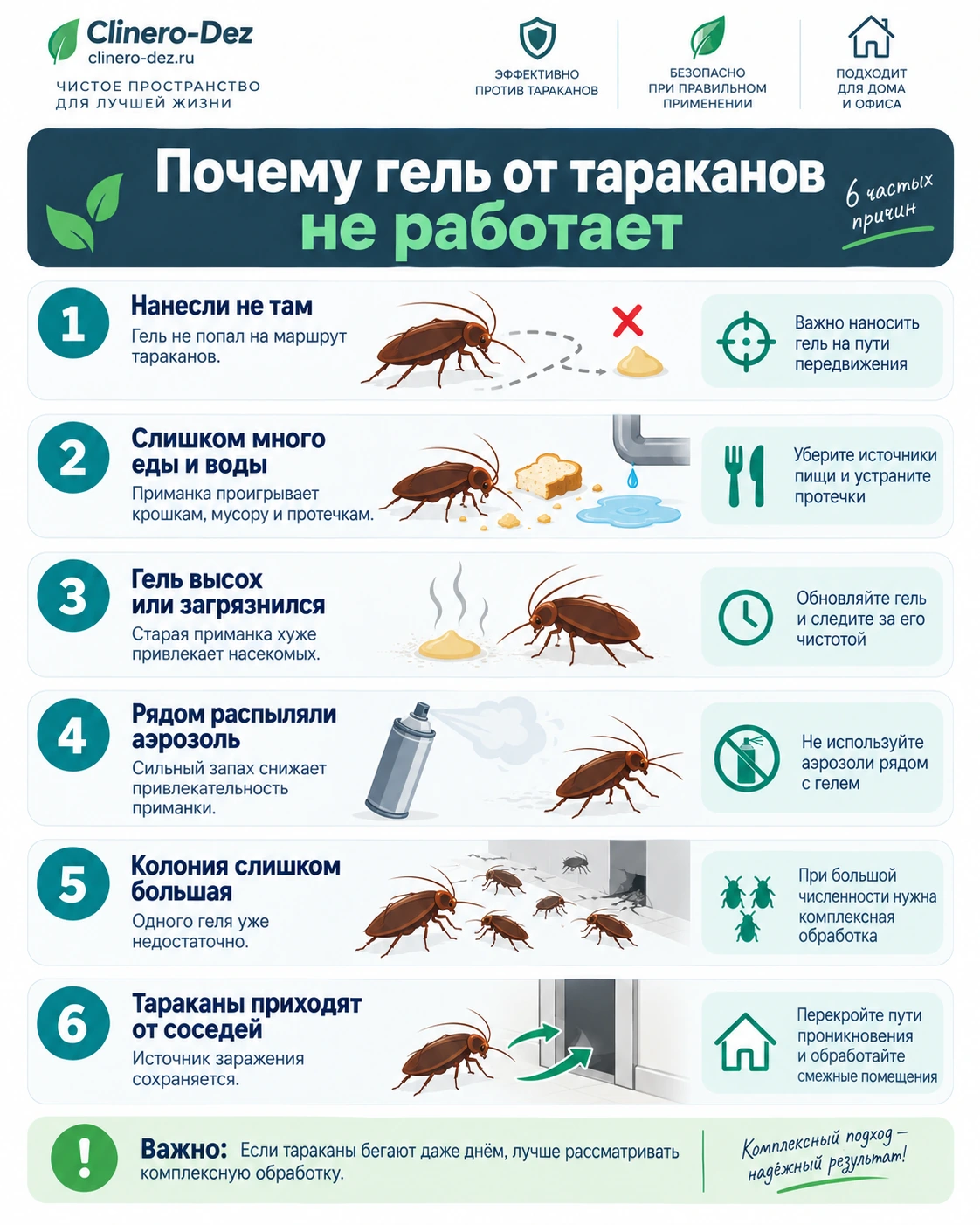 Инфографика о причинах, по которым гель от тараканов не работает