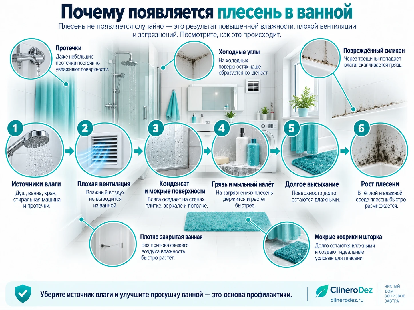 Почему появляется плесень в ванной