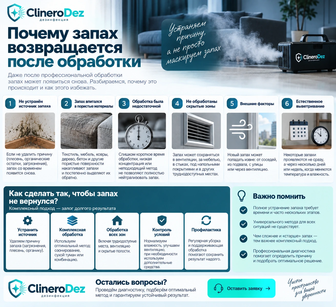 Причины возвращения запаха после обработки