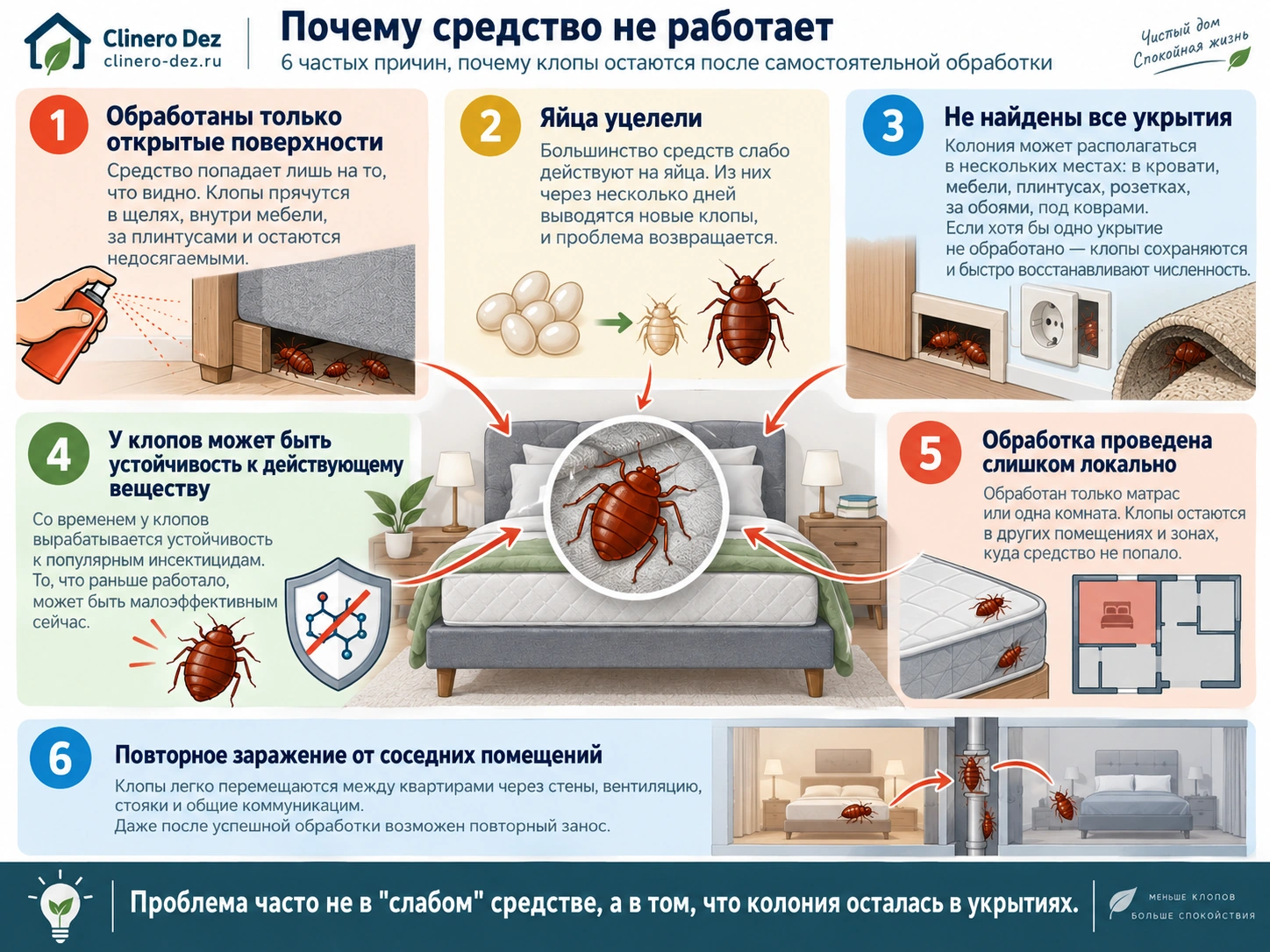 Инфографика о причинах неэффективности средств от клопов
