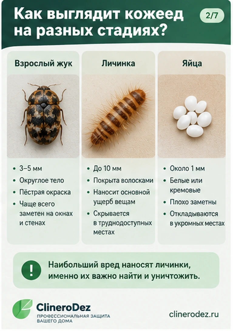 Взрослый жук, личинка и яйца кожееда